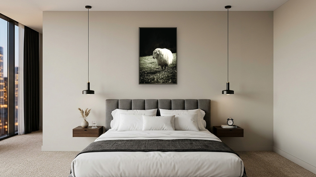 blackberry by Brandon Luther, shown at 28 × 42 in (71.1 × 106.7 cm) on canvas in Ramino Satin Black, hotel guest room