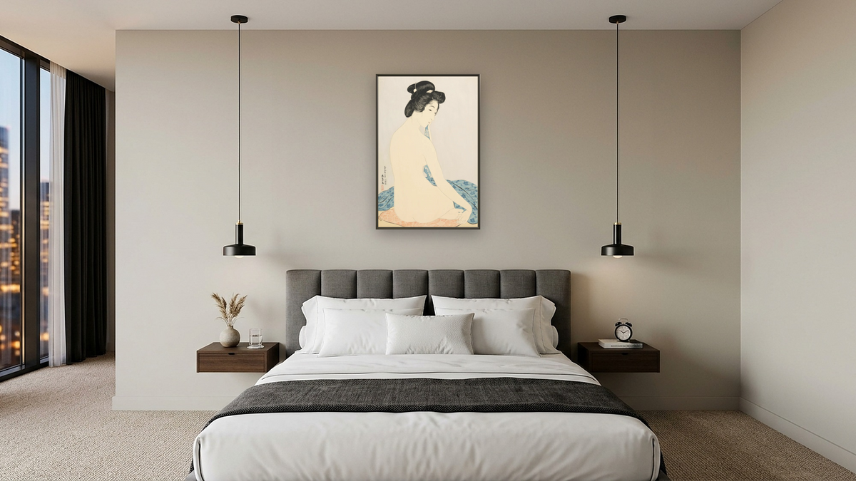 Woman After the Bath by Goyō Hashiguchi, shown at 28 × 42 in (71.1 × 106.7 cm) on canvas in Ramino Satin Black, hotel guest room
