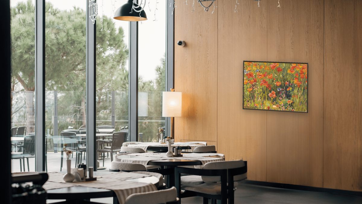 Poppies by Robert William Vonnoh, shown at 30 × 40 in (76.2 × 101.6 cm) on canvas in Ramino Satin Black, restaurant