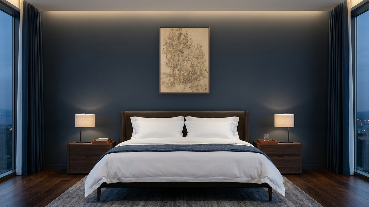 Cypresses by Vincent van Gogh, shown at 30 × 40 in (76.2 × 101.6 cm) on canvas in Arber Warm Walnut, hotel guest room