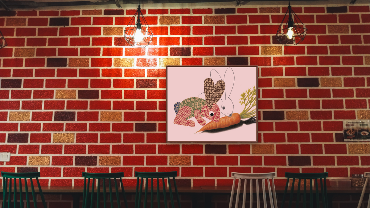 Let's Make Rabbits XIV by Leo Lionni, shown at 32 × 40 in (81.3 × 101.6 cm) on canvas in Arber Warm Walnut, restaurant