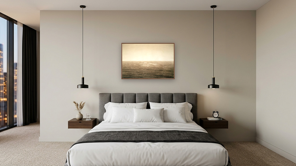 Sea at Sunrise by Caspar David Friedrich, shown at 28 × 42 in (71.1 × 106.7 cm) on canvas in Arber Warm Walnut, hotel guest room