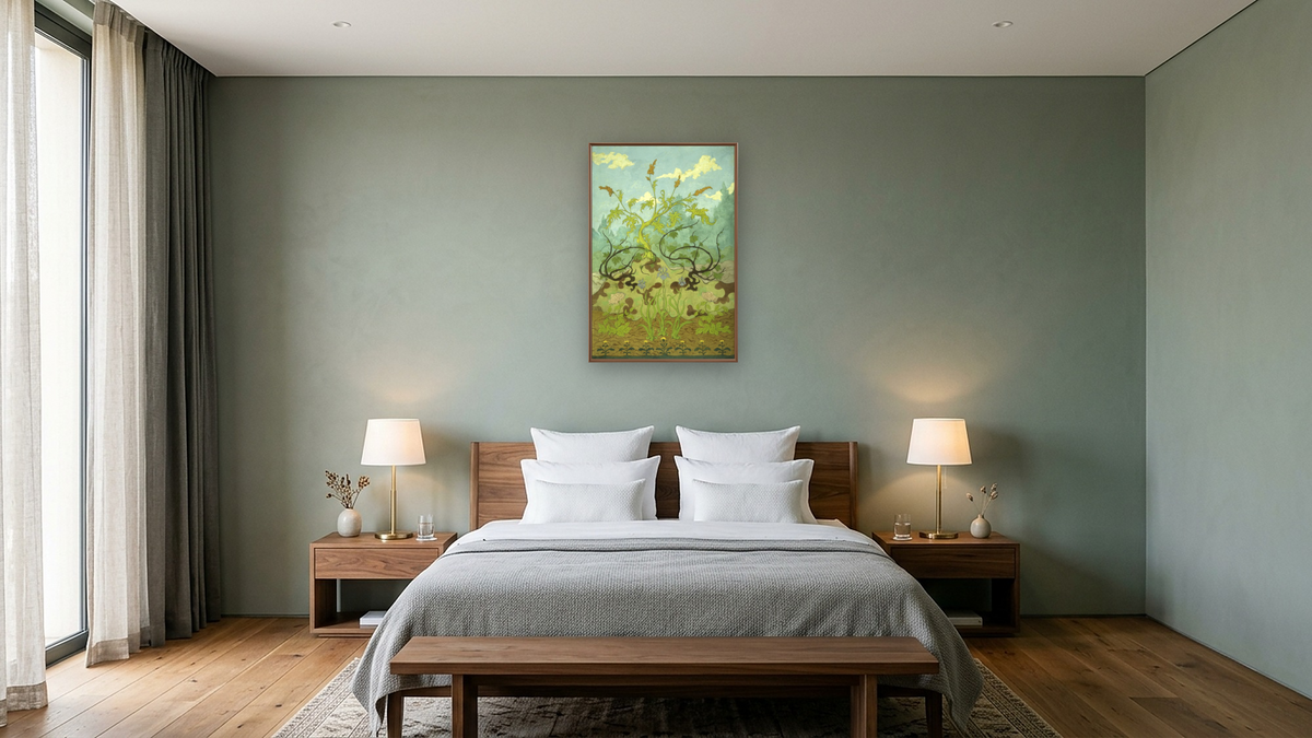 Goldenrod and Mauve Irises by Paul Elie Ranson, shown at 28 × 42 in (71.1 × 106.7 cm) on canvas in Arber Warm Walnut, hotel guest room