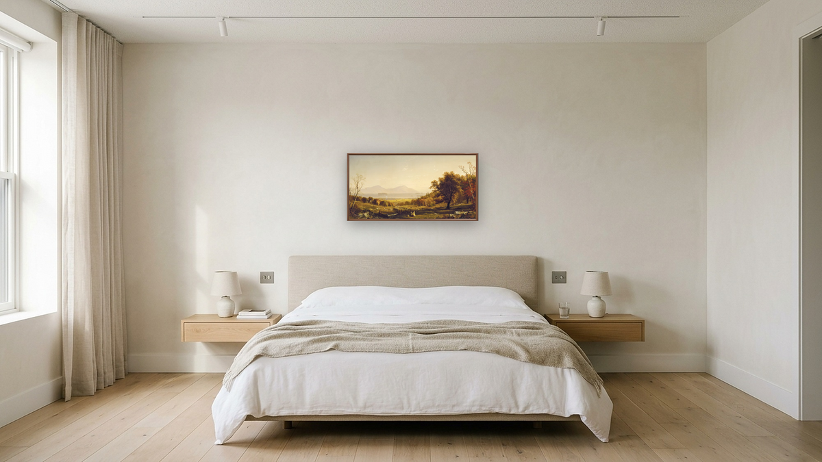 Lake George from Bolton's Landing by Alfred Thompson Bricher, shown at 20 × 40 in (50.8 × 101.6 cm) on canvas in Arber Warm Walnut, hotel guest room