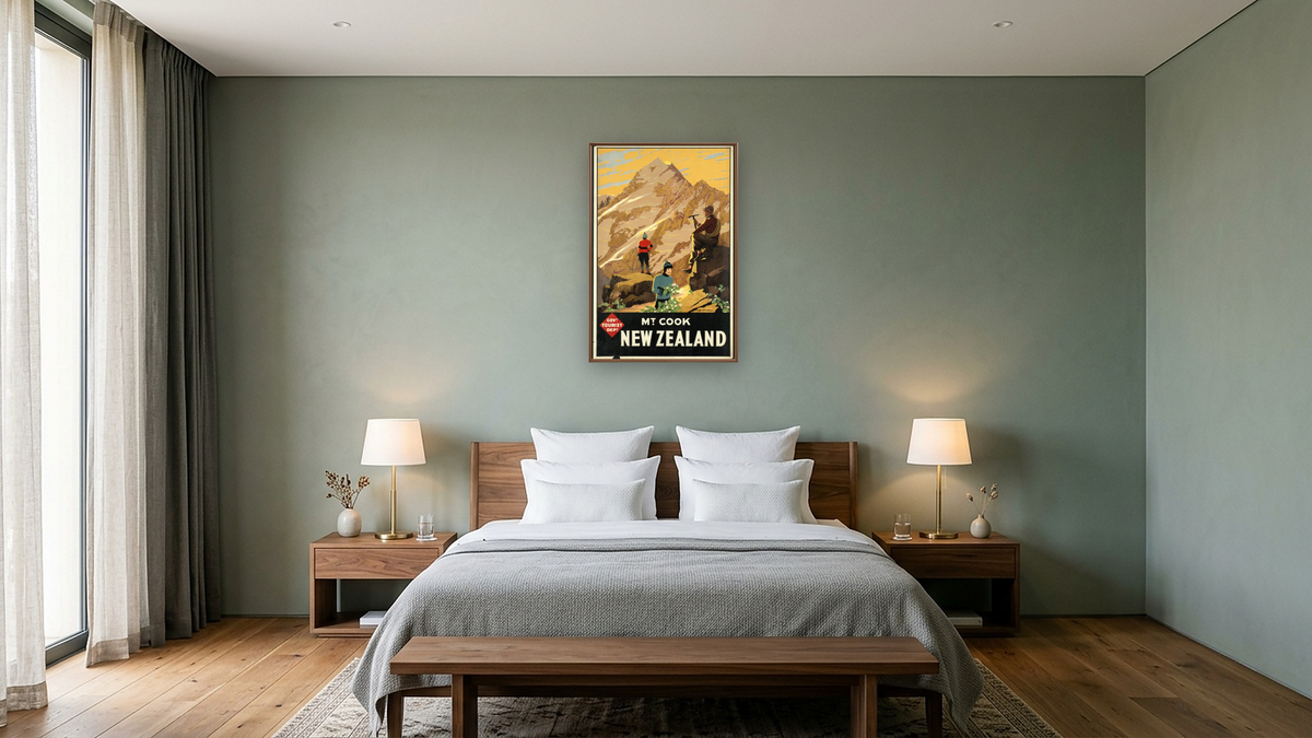 BPL Travel Posters, shown at 28 × 42 in (71.1 × 106.7 cm) on canvas in Arber Warm Walnut, hotel guest room