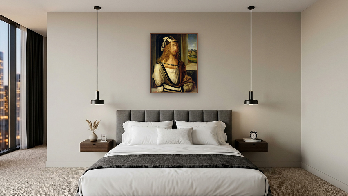 Self Portrait with Gloves, 1498 by Albrecht Dürer, shown at 32 × 40 in (81.3 × 101.6 cm) on canvas in Arber Warm Walnut, hotel guest room