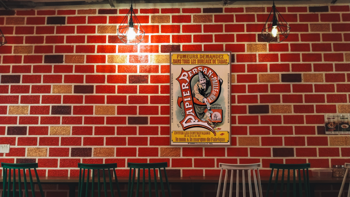 Papier Persan Poster, shown at 28 × 42 in (71.1 × 106.7 cm) on canvas in Arber Warm Walnut, restaurant