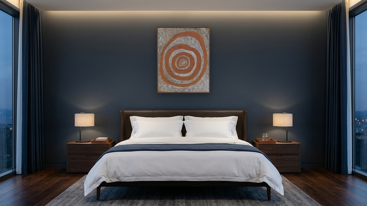 Snake and Water Dreaming by Yala Yala Gibbes, shown at 32 × 40 in (81.3 × 101.6 cm) on canvas in Arber Warm Walnut, hotel guest room