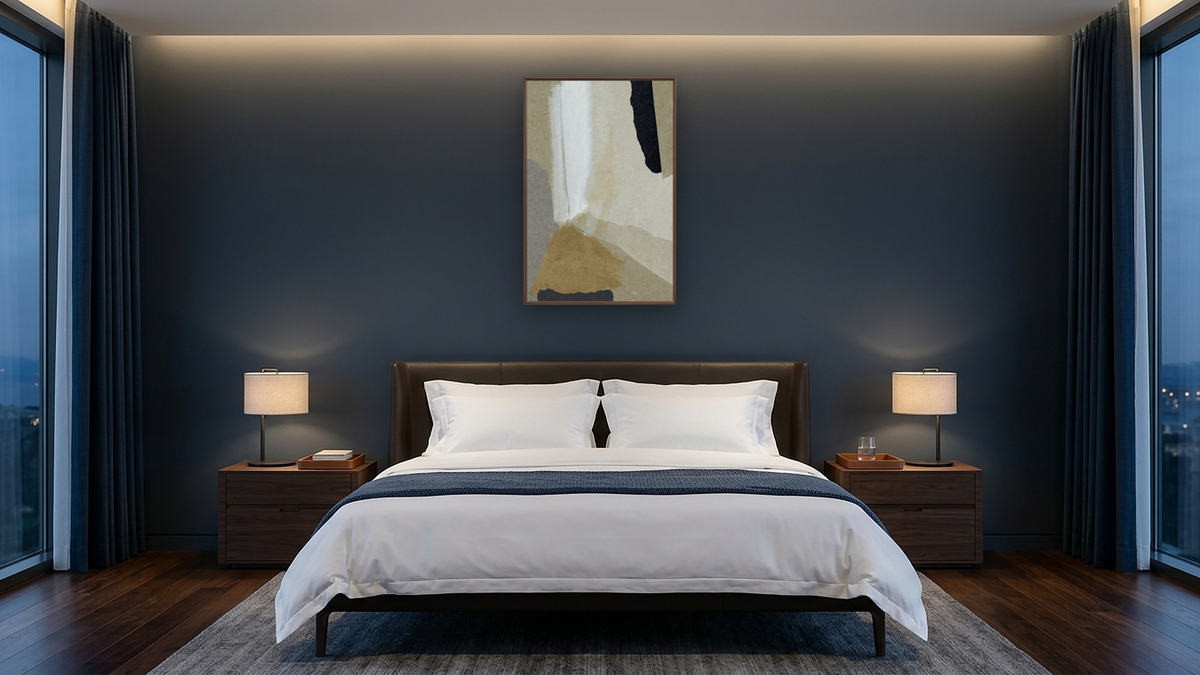 Moved by Dan Hobday, shown at 28 × 42 in (71.1 × 106.7 cm) on canvas in Arber Warm Walnut, hotel guest room