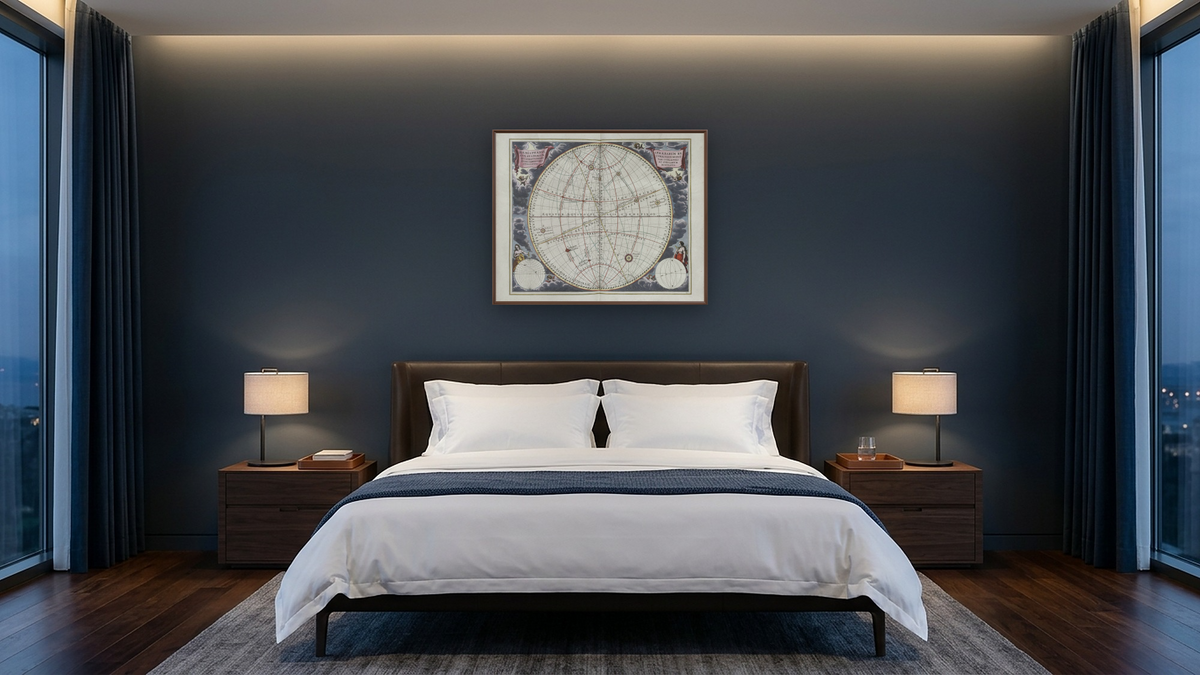 Plate 12 from Harmonia Macrocosmica by Andreas Cellarius, shown at 32 × 40 in (81.3 × 101.6 cm) on canvas in Arber Warm Walnut, hotel guest room