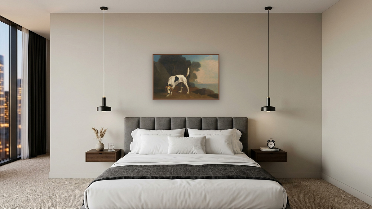 Foxhound by George Stubbs, shown at 28 × 42 in (71.1 × 106.7 cm) on canvas in Arber Warm Walnut, hotel guest room