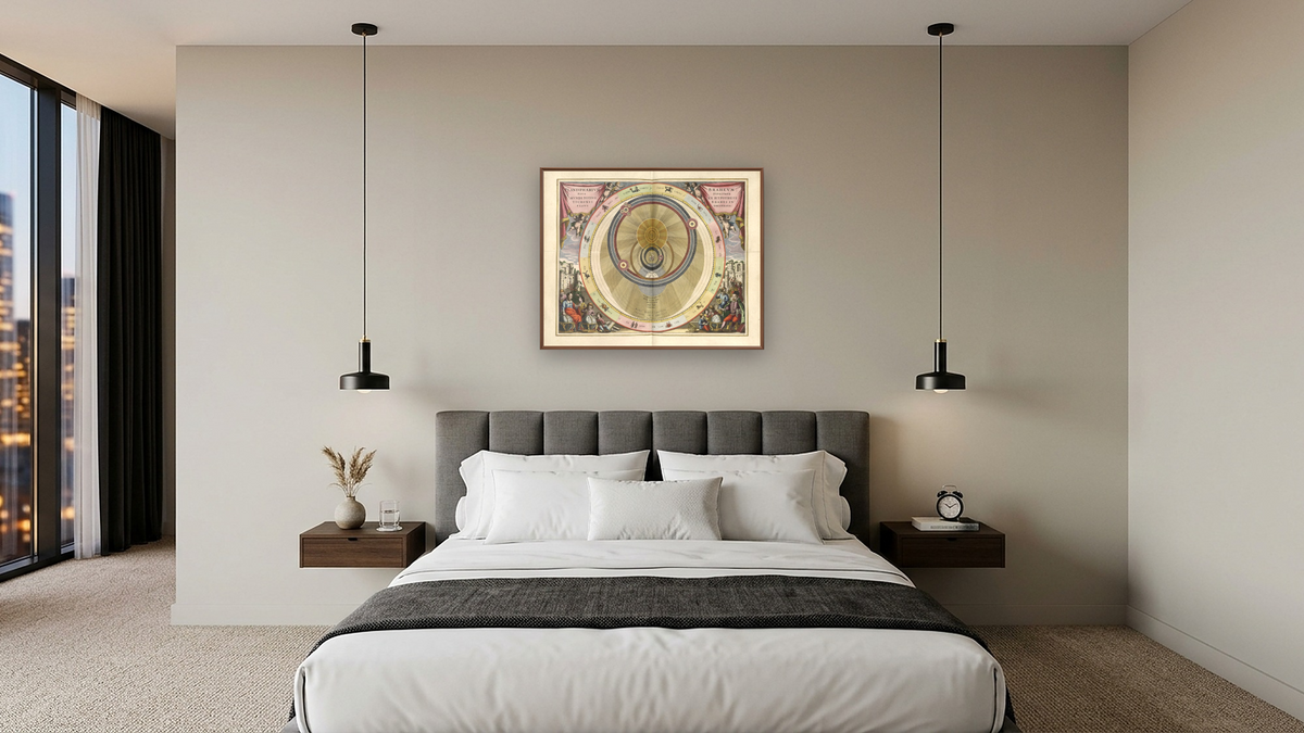 Plate 6 from Harmonia Macrocosmica by Andreas Cellarius, shown at 32 × 40 in (81.3 × 101.6 cm) on canvas in Arber Warm Walnut, hotel guest room