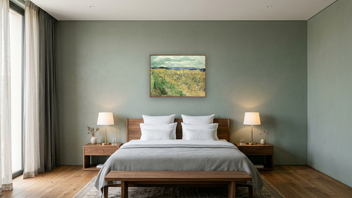 Wheatfield With Cornflowers by Vincent van Gogh, shown at 30 × 40 in (76.2 × 101.6 cm) on canvas in Arber Warm Walnut, hotel guest room