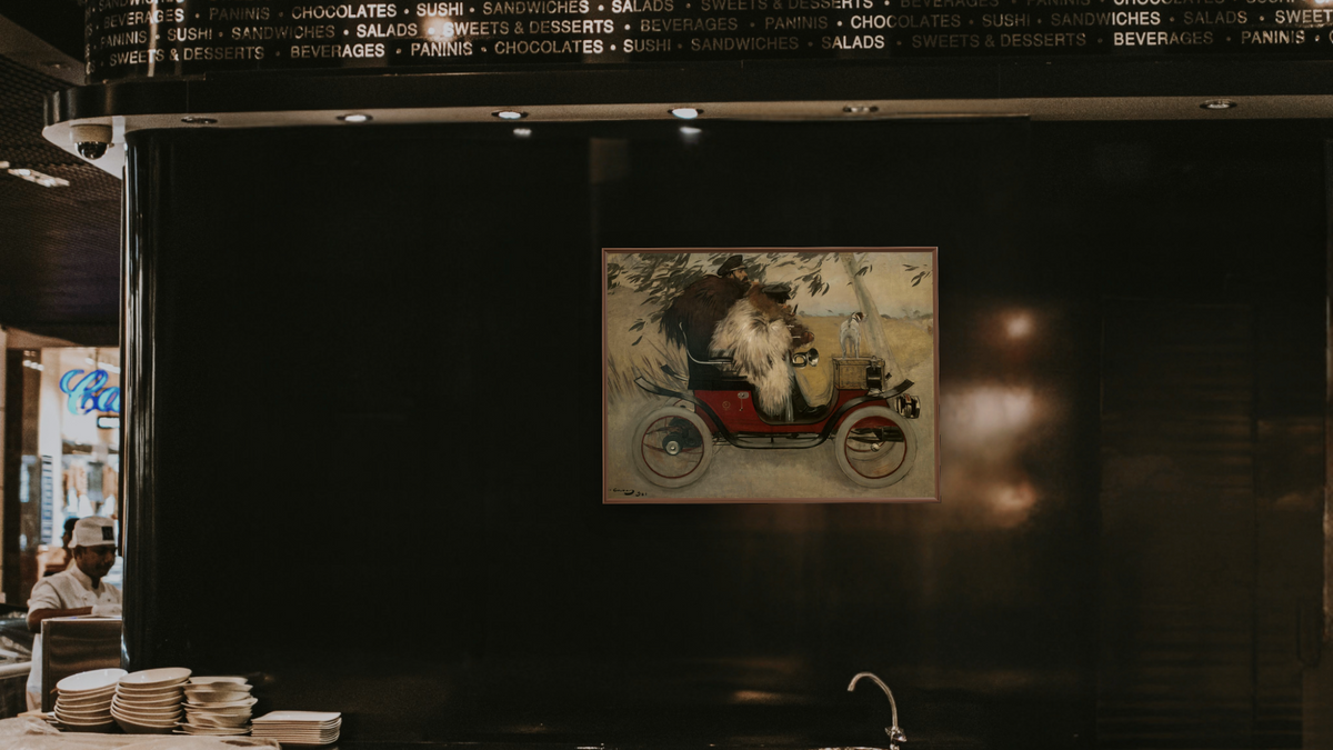 Ramón Casas i Pere Romeu en un automobil. Barcelona by Ramón Casas, shown at 30 × 40 in (76.2 × 101.6 cm) on canvas in Arber Warm Walnut, restaurant