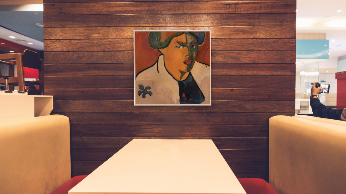 Portrait by Kazimir Malevich, shown at 32 × 32 in (81.3 × 81.3 cm) on canvas in Arber Warm Walnut, restaurant