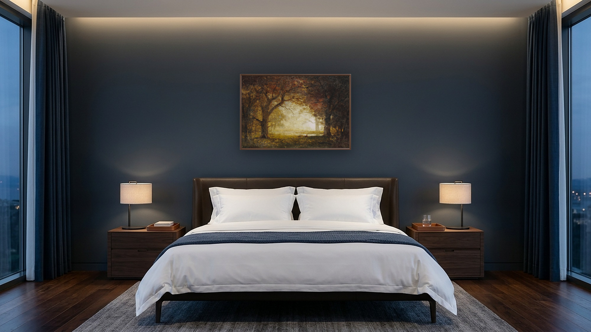 Forest Sunrise by Albert Bierstadt, shown at 28 × 42 in (71.1 × 106.7 cm) on canvas in Arber Warm Walnut, hotel guest room
