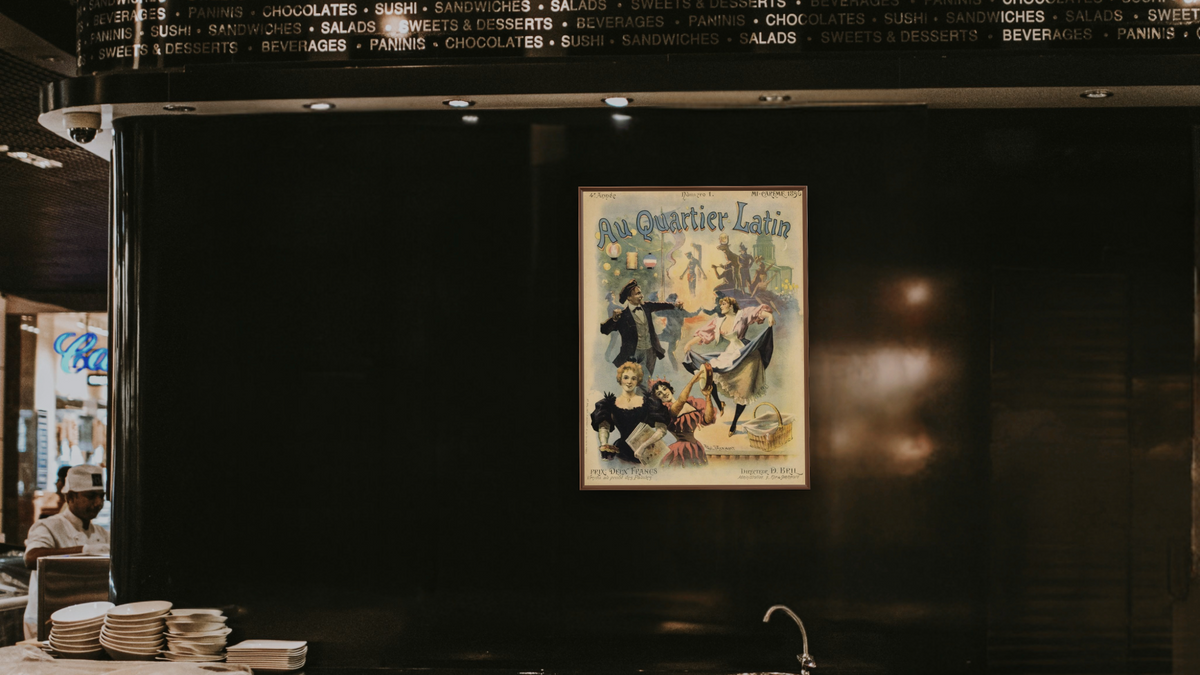 Au Quarter Latin Poster by Paul Merwart, shown at 30 × 40 in (76.2 × 101.6 cm) on canvas in Arber Warm Walnut, restaurant