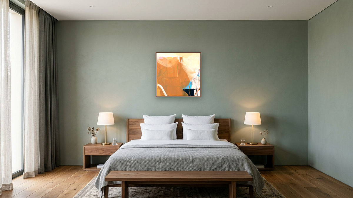Snack 24 by Nino Yuniardi, shown at 32 × 32 in (81.3 × 81.3 cm) on canvas in Arber Warm Walnut, hotel guest room