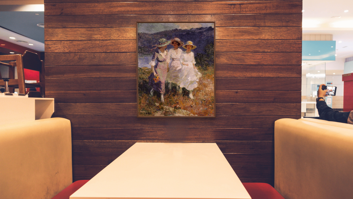 Walking In The Hills by Edward Henry Potthast I, shown at 32 × 40 in (81.3 × 101.6 cm) on canvas in Arber Warm Walnut, restaurant