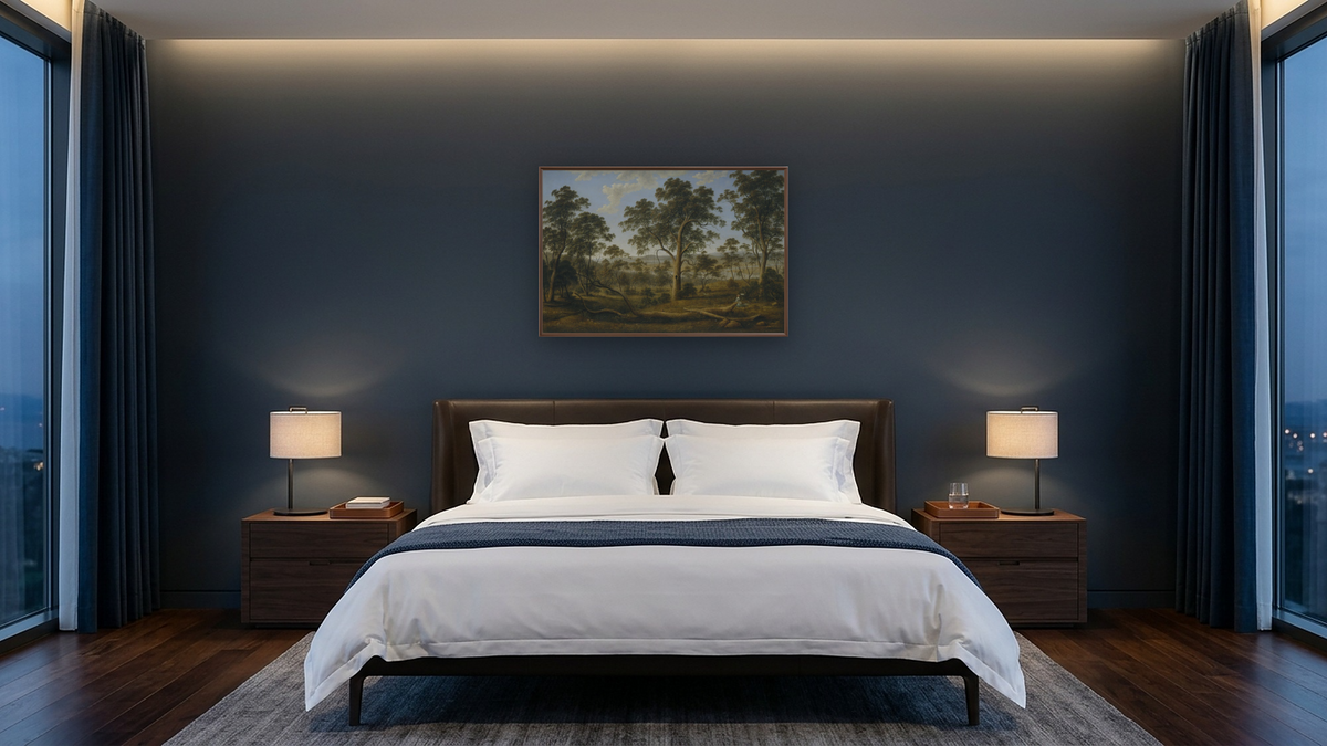 Launceston and the river Tamar by John Glover, shown at 28 × 42 in (71.1 × 106.7 cm) on canvas in Arber Warm Walnut, hotel guest room