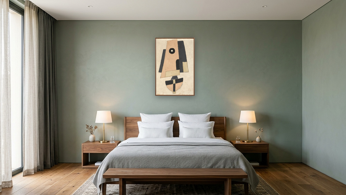 Movement, Bermuda by Marsden Hartley, shown at 28 × 42 in (71.1 × 106.7 cm) on canvas in Arber Warm Walnut, hotel guest room