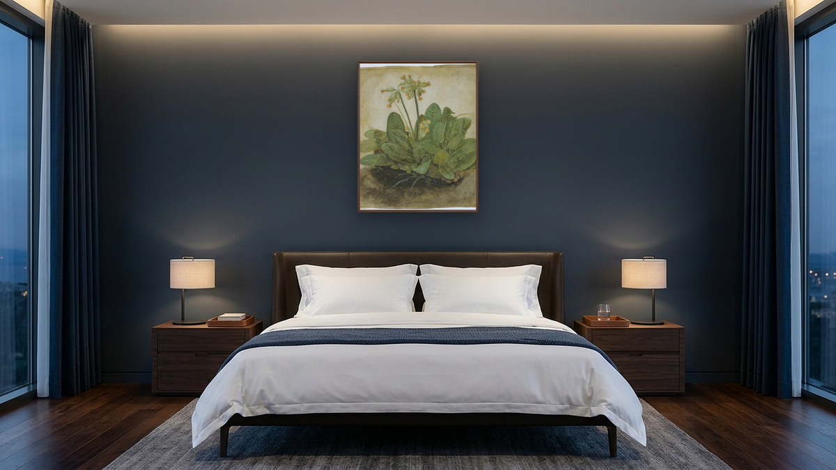 Tuft of Cowslips by Albrecht Dürer, shown at 32 × 40 in (81.3 × 101.6 cm) on canvas in Arber Warm Walnut, hotel guest room