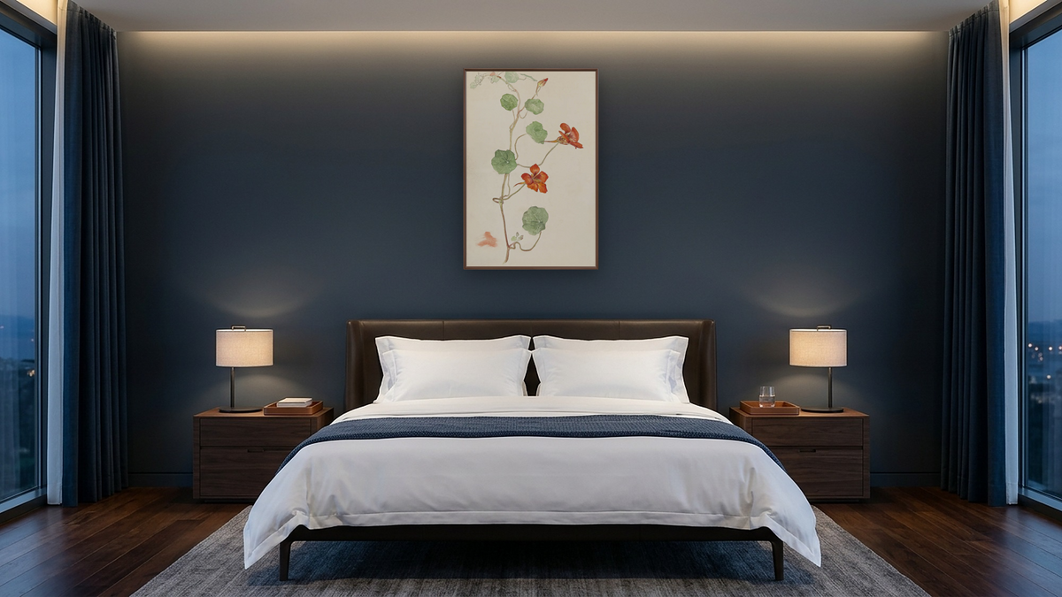 Botanical Drawing by Hilma af Klint, shown at 28 × 42 in (71.1 × 106.7 cm) on canvas in Arber Warm Walnut, hotel guest room