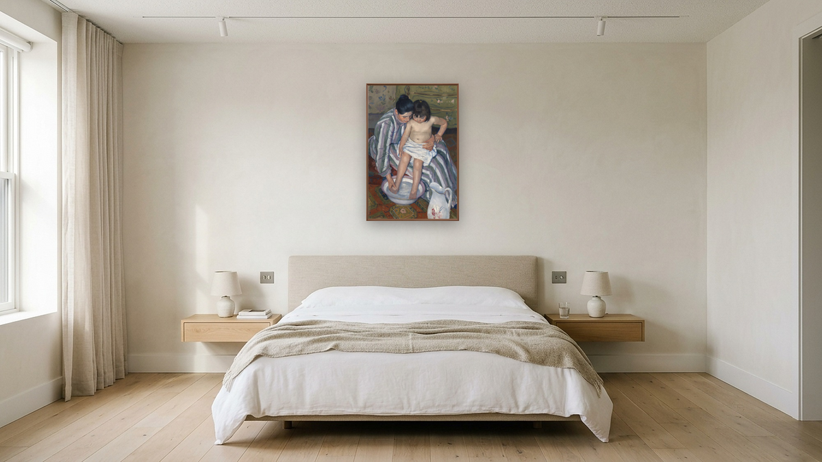 The Child's Bath by Mary Cassatt, shown at 28 × 42 in (71.1 × 106.7 cm) on canvas in Arber Warm Walnut, hotel guest room