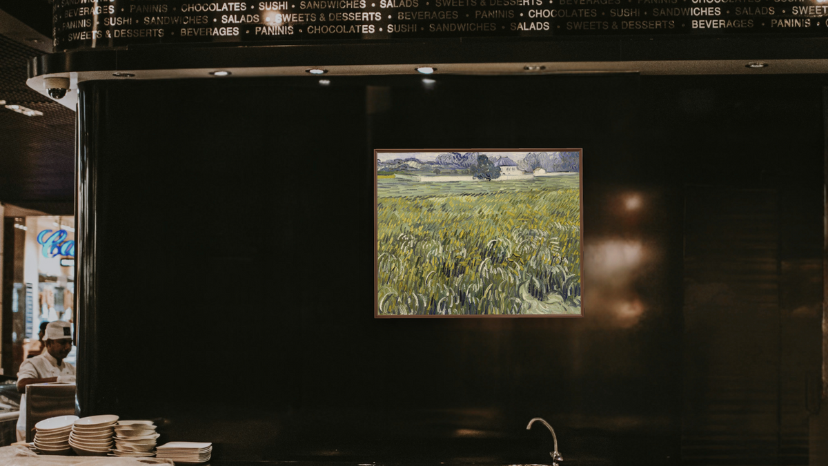 House at Auvers by Vincent van Gogh, shown at 32 × 40 in (81.3 × 101.6 cm) on canvas in Arber Warm Walnut, restaurant