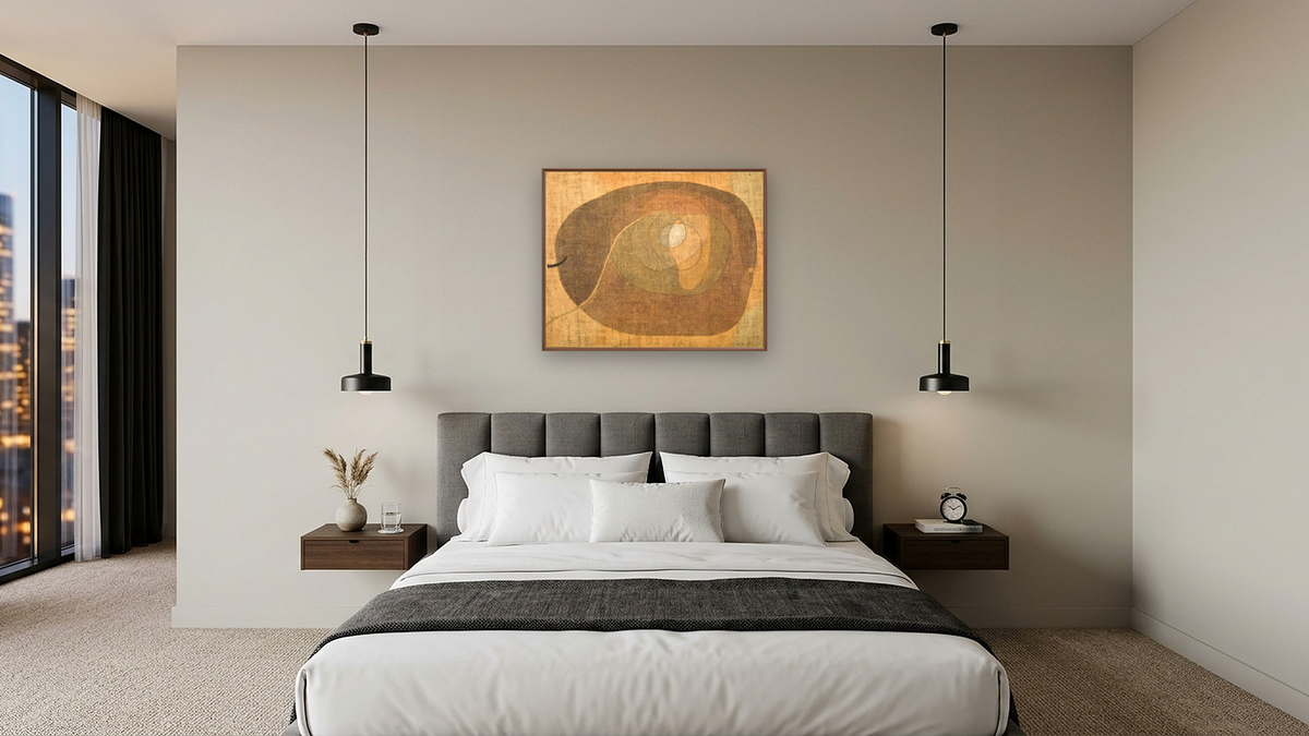 The Fruit by Paul Klee, shown at 32 × 40 in (81.3 × 101.6 cm) on canvas in Arber Warm Walnut, hotel guest room