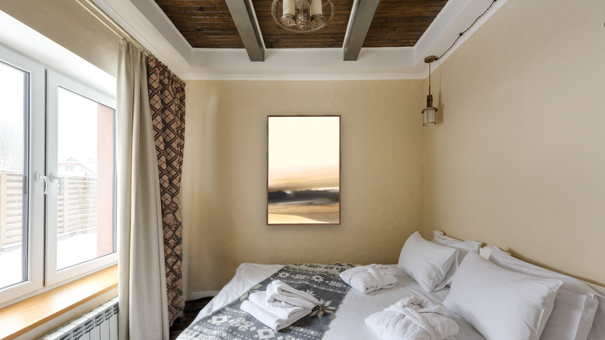 Forest View 2 by Dan Hobday, shown at 28 × 42 in (71.1 × 106.7 cm) on canvas in Arber Warm Walnut, hotel guest room
