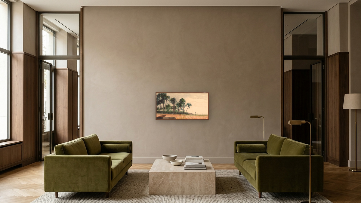 Palm Trees, Red by Winslow Homer, shown at 20 × 40 in (50.8 × 101.6 cm) on canvas in Arber Warm Walnut, hotel lobby