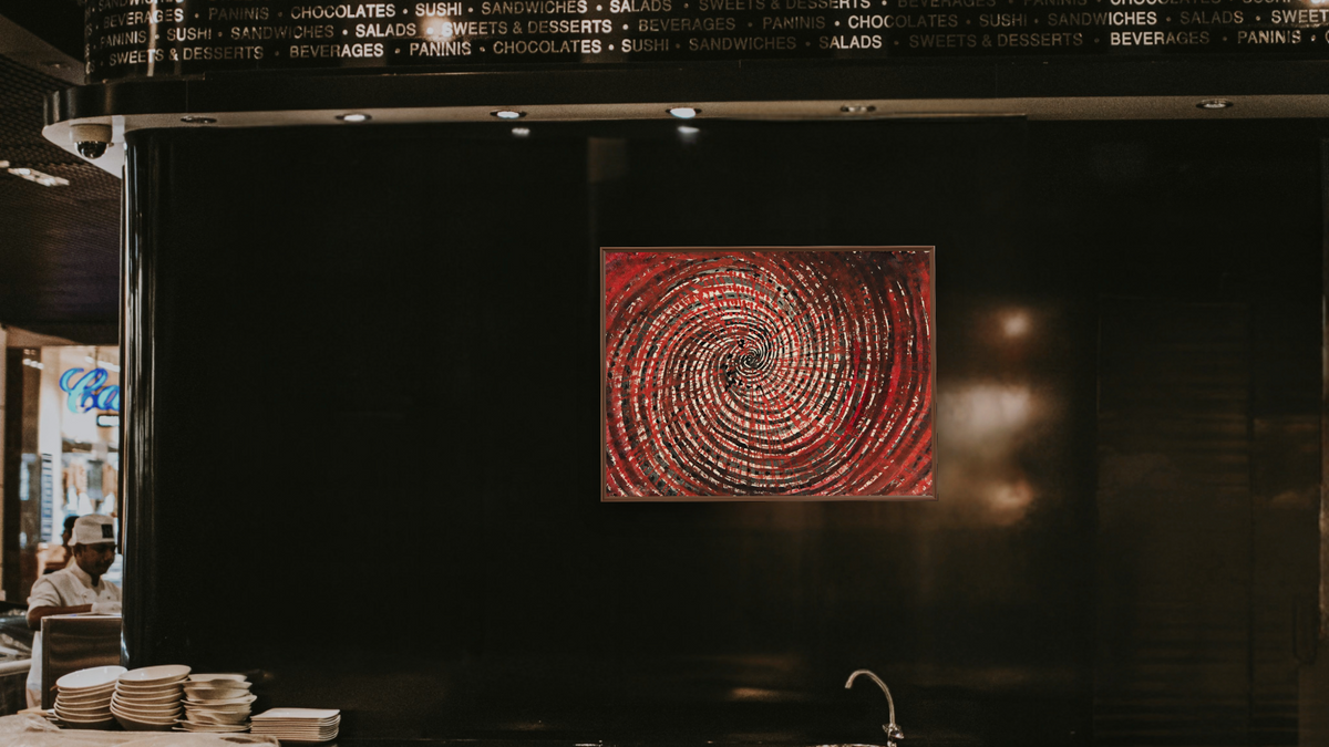 Untitled, from the group On the Viewing of Flowers and Trees by Hilma af Klint, shown at 30 × 40 in (76.2 × 101.6 cm) on canvas in Arber Warm Walnut, restaurant