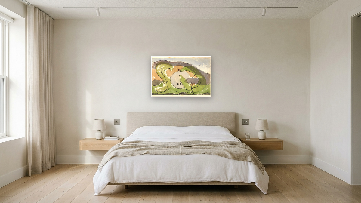Untitled (Landscape) by Arthur Dove, shown at 28 × 42 in (71.1 × 106.7 cm) on canvas in Arber Warm Walnut, hotel guest room