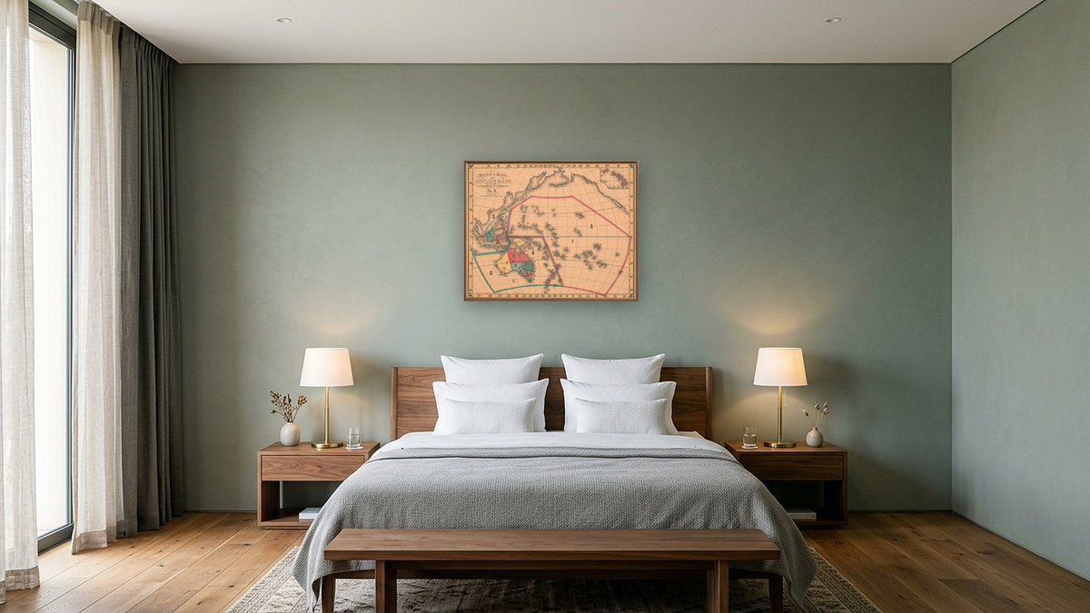 Oceanica, shown at 32 × 40 in (81.3 × 101.6 cm) on canvas in Arber Warm Walnut, hotel guest room