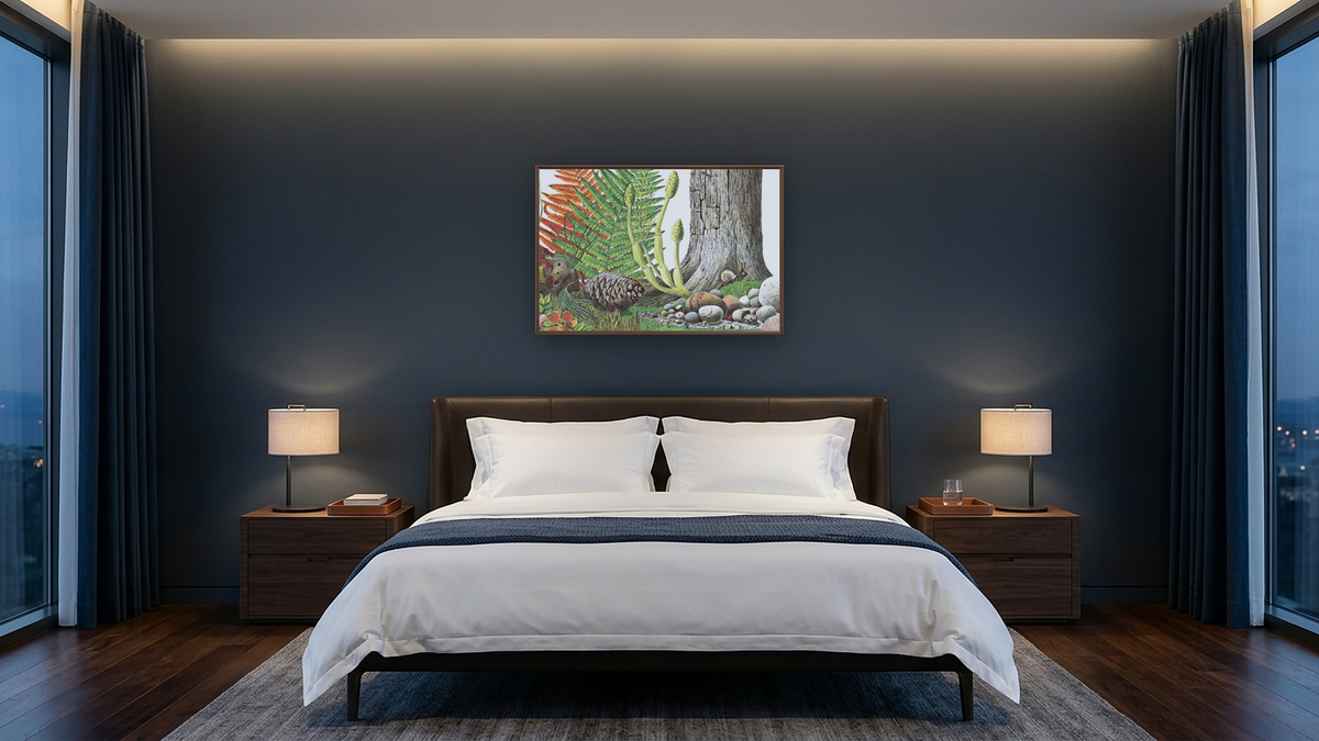 Biggest House In The World XVI by Leo Lionni, shown at 28 × 42 in (71.1 × 106.7 cm) on canvas in Arber Warm Walnut, hotel guest room