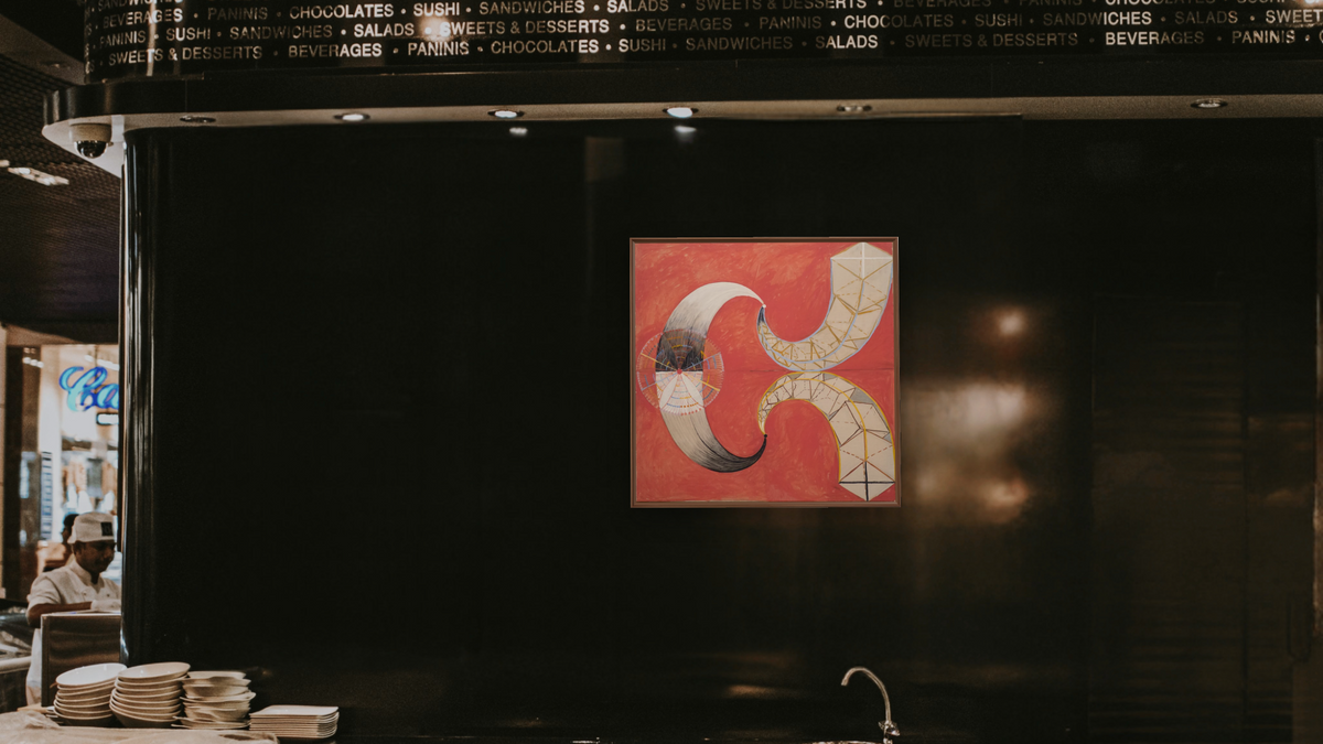 Group IX/SUW, No. 9, The Swan by Hilma af Klint, shown at 32 × 32 in (81.3 × 81.3 cm) on canvas in Arber Warm Walnut, restaurant