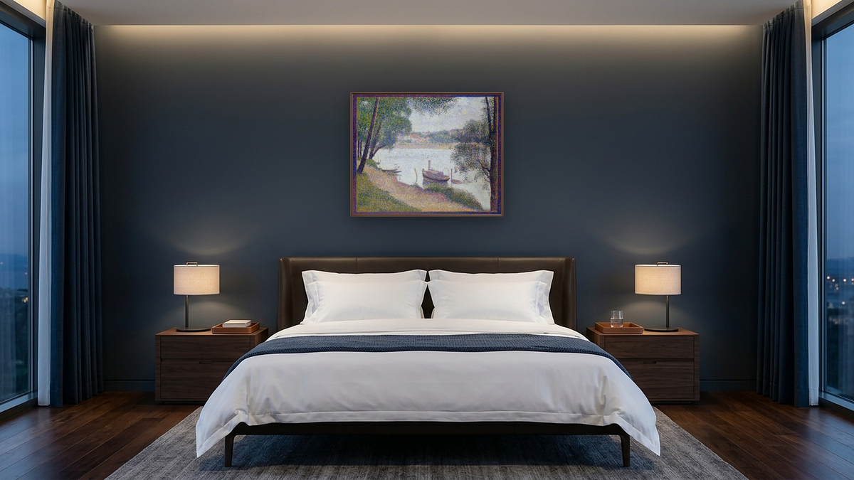 Gray Weather, Grand Jatte by Georges Seurat, shown at 32 × 40 in (81.3 × 101.6 cm) on canvas in Arber Warm Walnut, hotel guest room