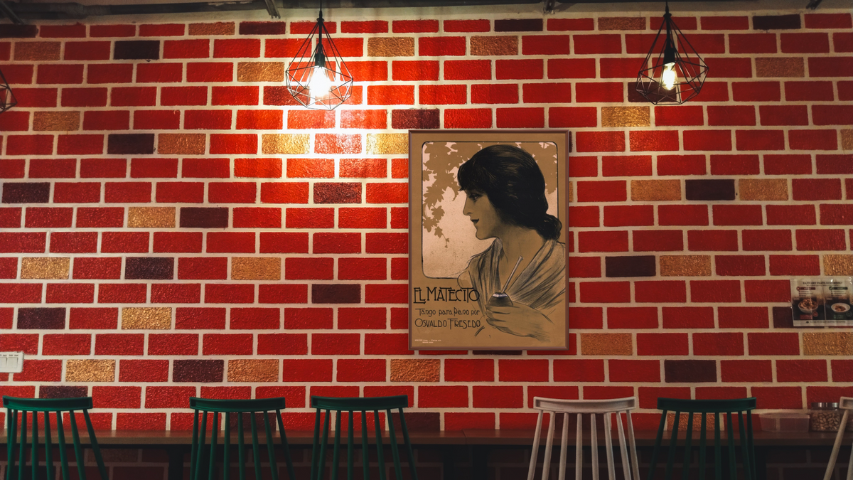 El Matecito Music Sheet Cover, shown at 30 × 40 in (76.2 × 101.6 cm) on canvas in Arber Warm Walnut, restaurant