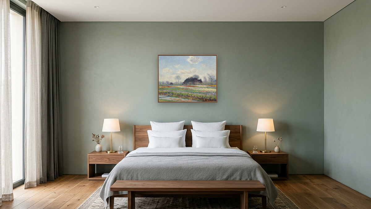 Tulip Fields at Sassenheim, 1886 by Claude Monet, shown at 32 × 40 in (81.3 × 101.6 cm) on canvas in Arber Warm Walnut, hotel guest room
