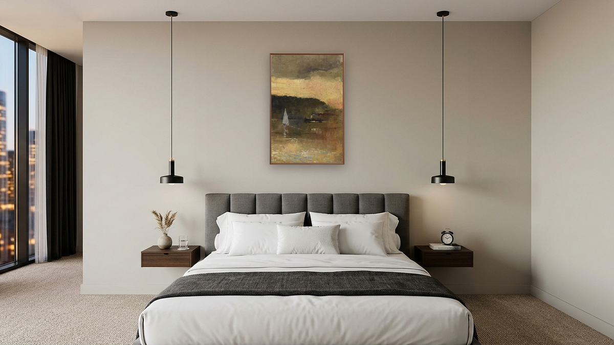 Sunset, Sydney Harbour by Charles Conder, shown at 28 × 42 in (71.1 × 106.7 cm) on canvas in Arber Warm Walnut, hotel guest room