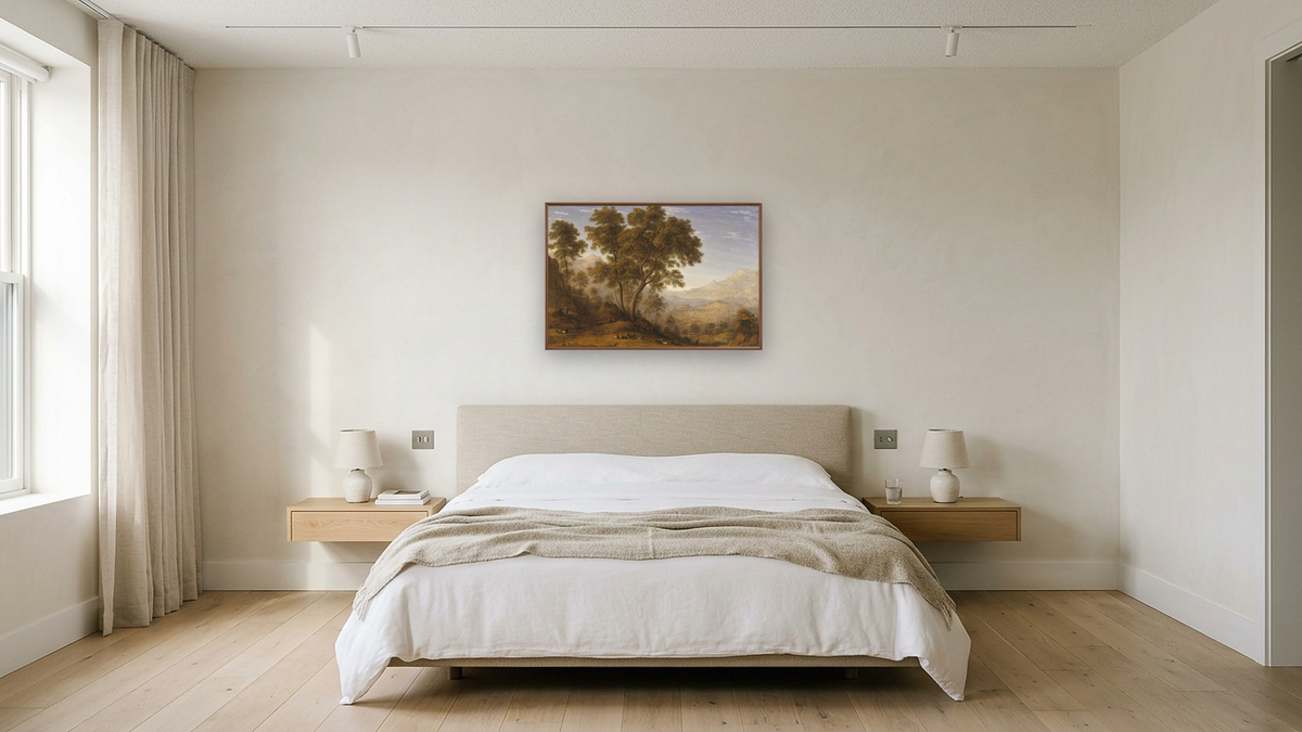 My last view of Italy, looking from the alps over Suza by John Glover, shown at 28 × 42 in (71.1 × 106.7 cm) on canvas in Arber Warm Walnut, hotel guest room