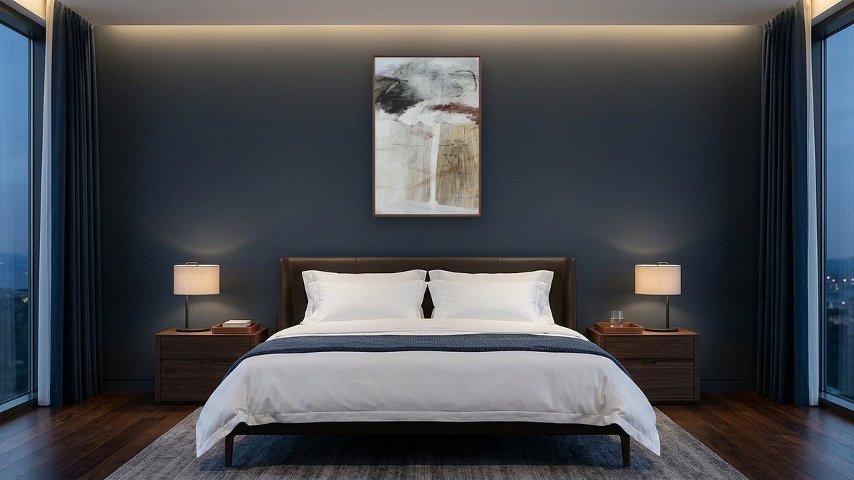 Go Set 1 by Dan Hobday, shown at 28 × 42 in (71.1 × 106.7 cm) on canvas in Arber Warm Walnut, hotel guest room
