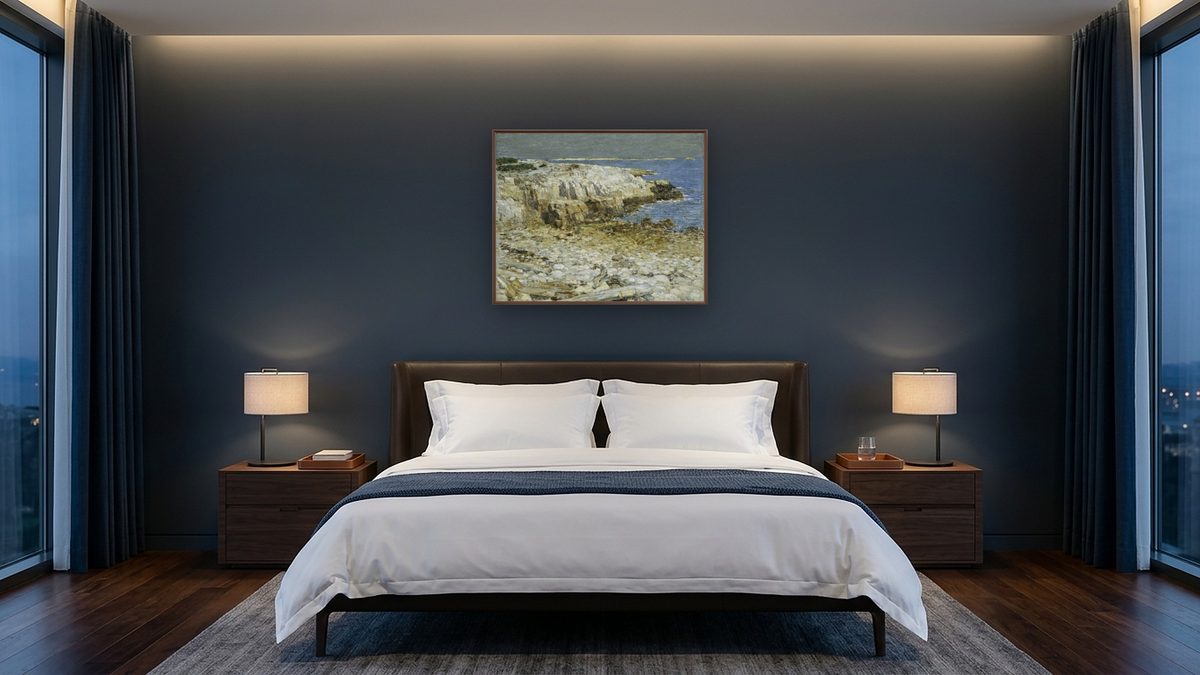 A North East Headland by Childe Hassam, shown at 32 × 40 in (81.3 × 101.6 cm) on canvas in Arber Warm Walnut, hotel guest room