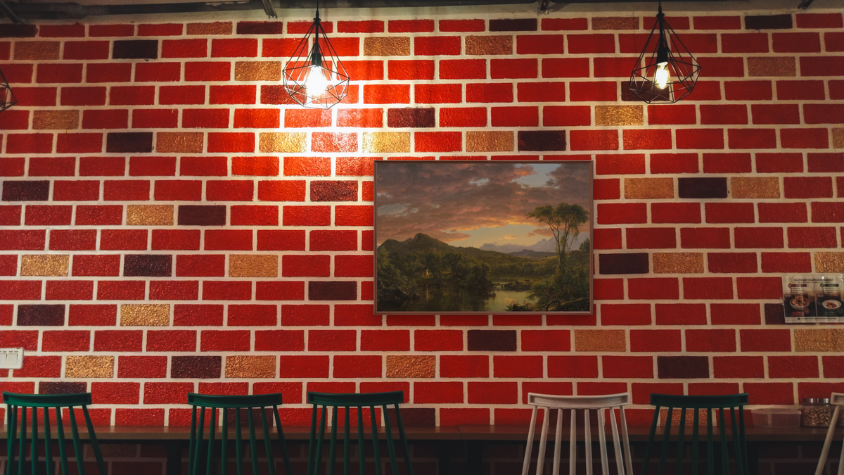 A Country Home by Frederic Edwin Church, shown at 28 × 42 in (71.1 × 106.7 cm) on canvas in Arber Warm Walnut, restaurant