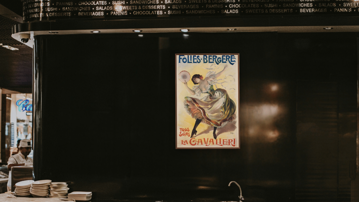 Folies Bergere Poster by Pal, shown at 28 × 42 in (71.1 × 106.7 cm) on canvas in Arber Warm Walnut, restaurant