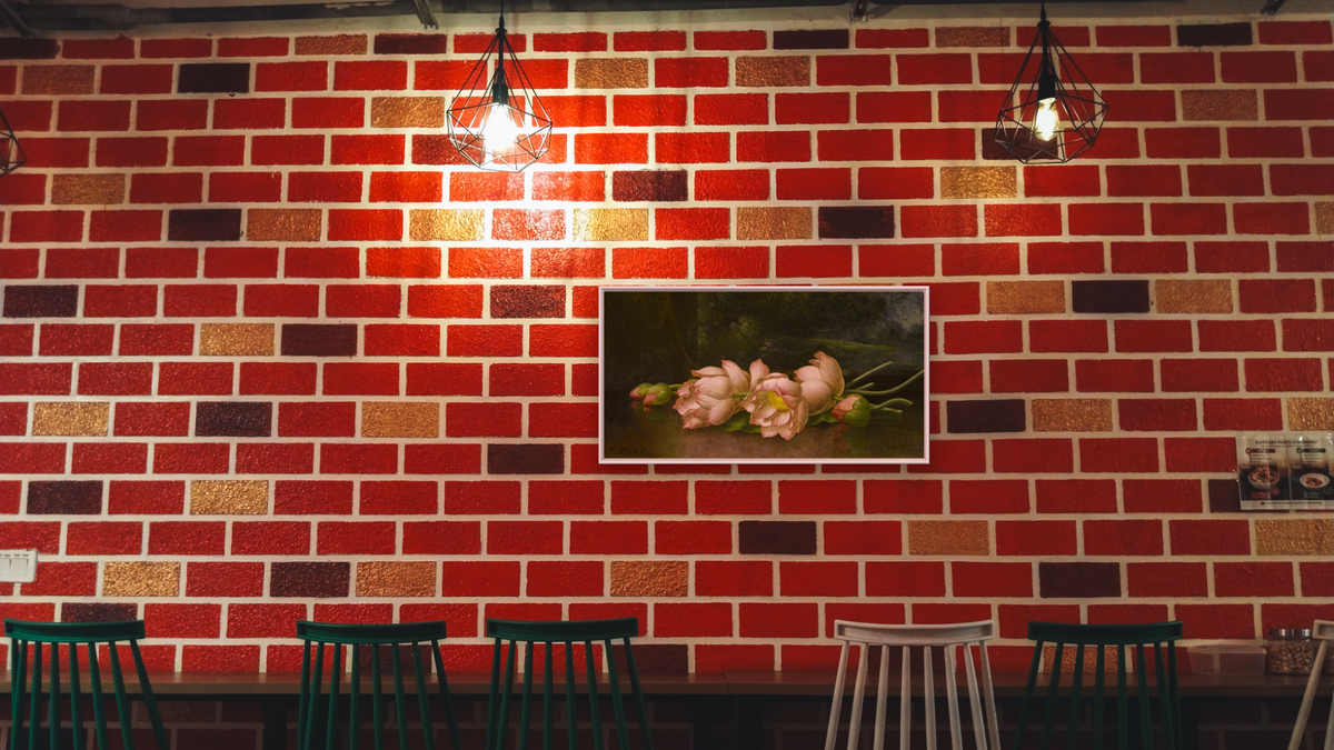 Lotus Flowers: A Landscape Painting in the Background by Martin Johnson Heade, shown at 20 × 40 in (50.8 × 101.6 cm) on canvas in Arber Warm Walnut, restaurant