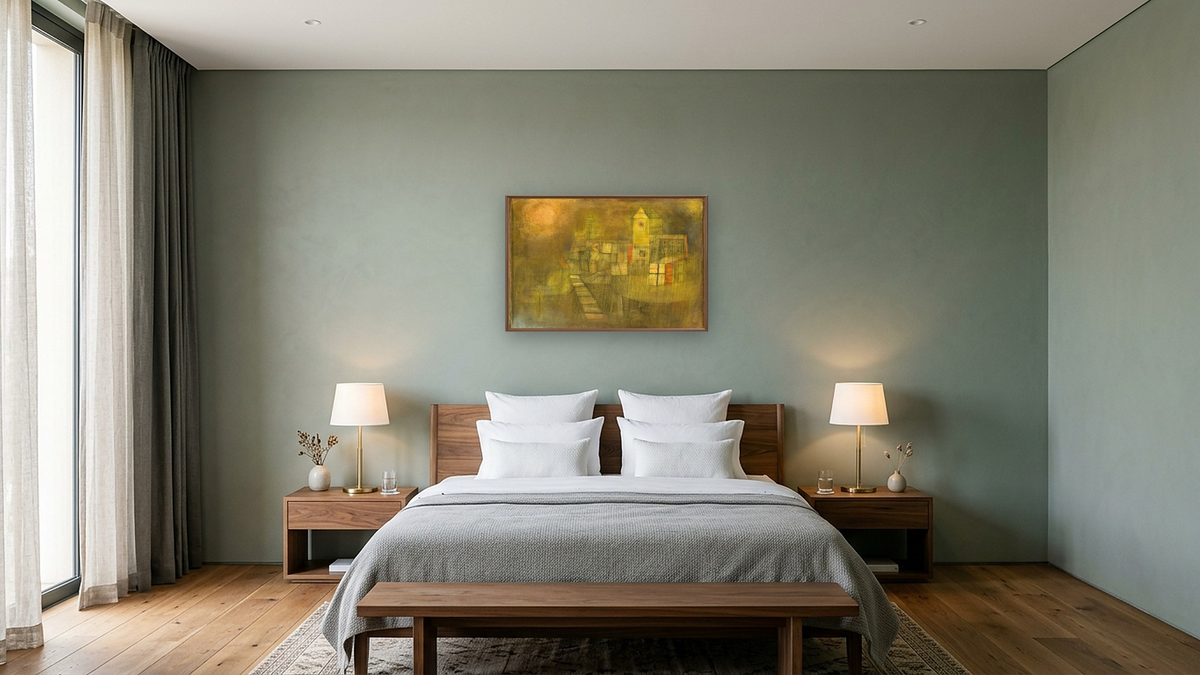 Small Village in the Autumn Sun by Paul Klee, shown at 28 × 42 in (71.1 × 106.7 cm) on canvas in Arber Warm Walnut, hotel guest room