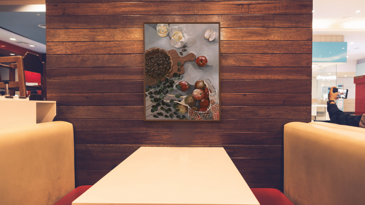Apples and Walnuts, shown at 30 × 40 in (76.2 × 101.6 cm) on canvas in Arber Warm Walnut, restaurant