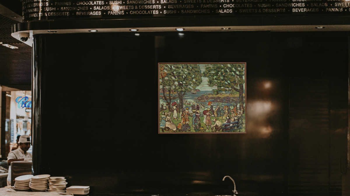 Salem Cove by Maurice Brazil Prendergast, shown at 32 × 40 in (81.3 × 101.6 cm) on canvas in Arber Warm Walnut, restaurant